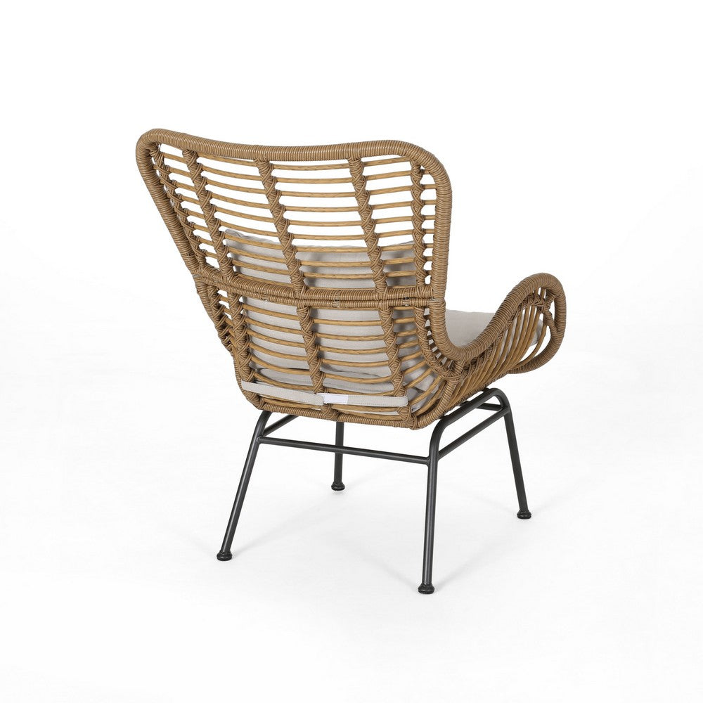 Benjara Margo Outdoor Accent Chair, Brown Woven Rattan, Beige, Black Metal