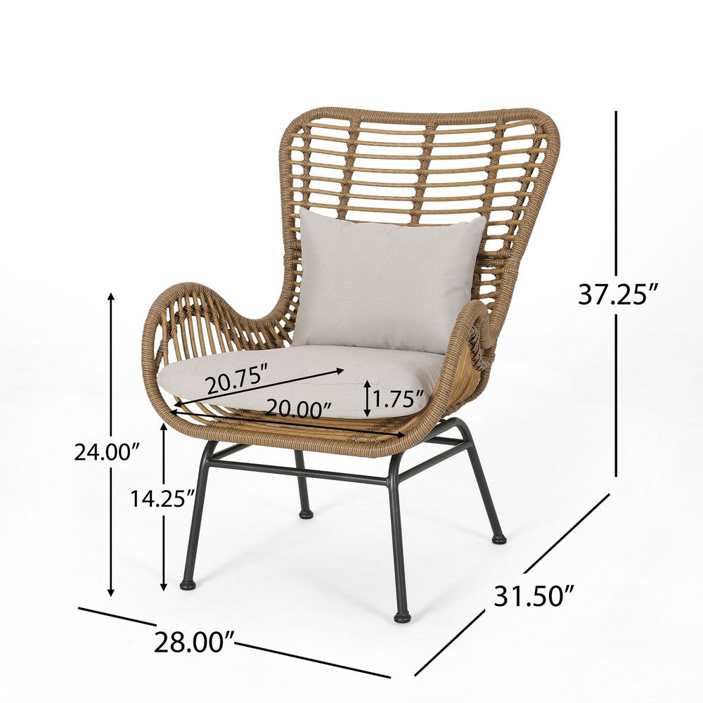 Benjara Margo Outdoor Accent Chair, Brown Woven Rattan, Beige, Black Metal
