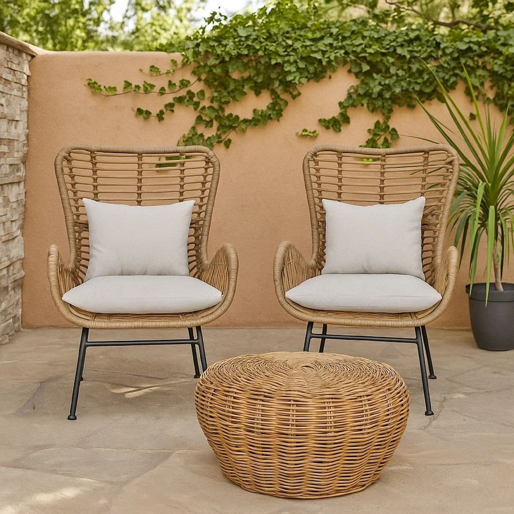 Benjara Margo Outdoor Accent Chair, Brown Woven Rattan, Beige, Black Metal