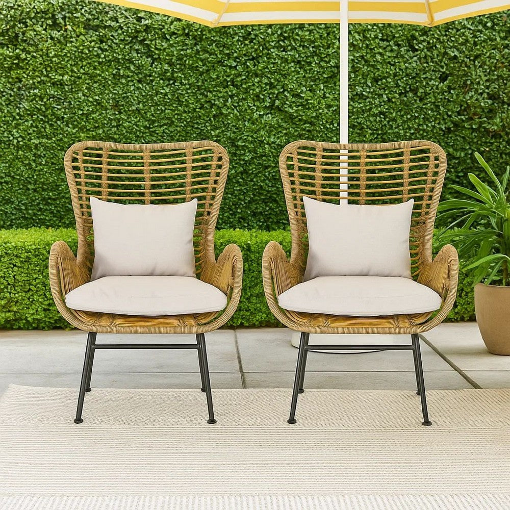 Benjara Margo Outdoor Accent Chair, Brown Woven Rattan, Beige, Black Metal