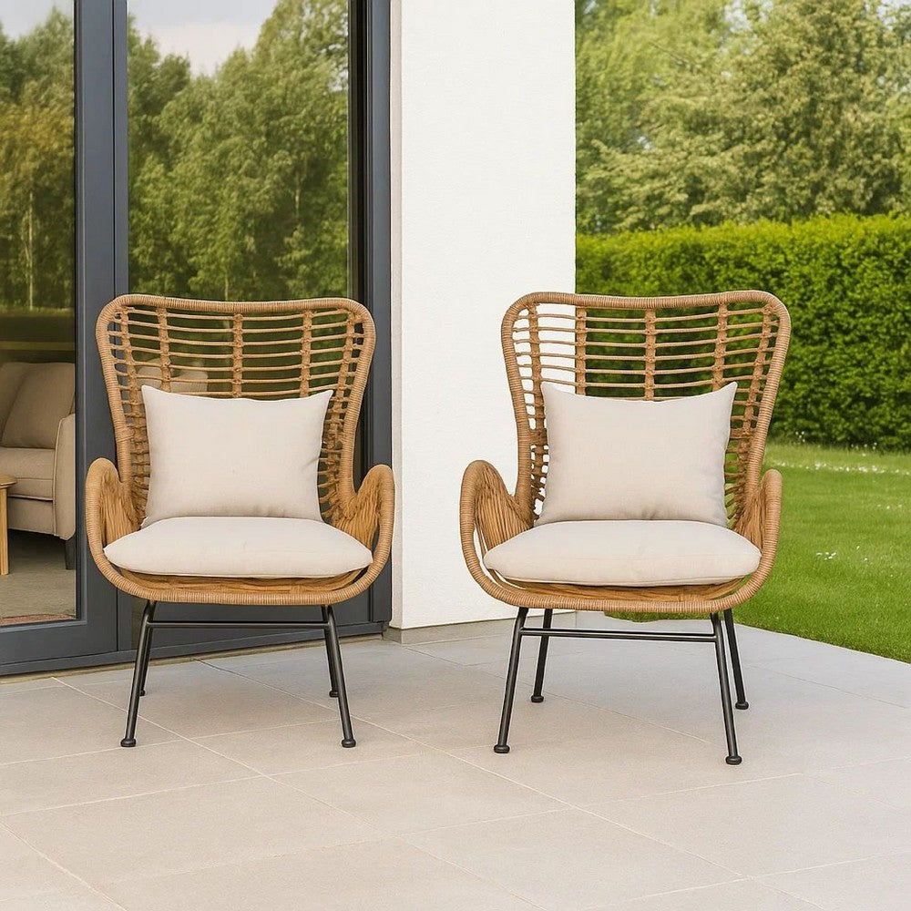 Benjara Margo Outdoor Accent Chair, Brown Woven Rattan, Beige, Black Metal