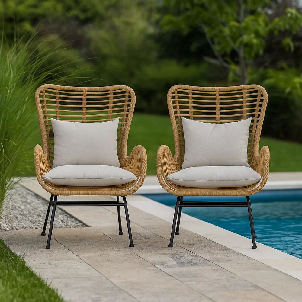 Benjara Margo Outdoor Accent Chair, Brown Woven Rattan, Beige, Black Metal