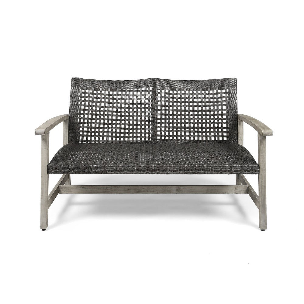 Benjara Bops Outdoor Loveseat, Rustic Acacia Wood Frame, 52 Inch, Gray Wicker