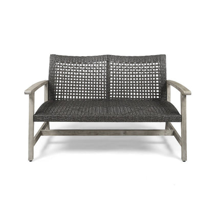 Benjara Bops Outdoor Loveseat, Rustic Acacia Wood Frame, 52 Inch, Gray Wicker