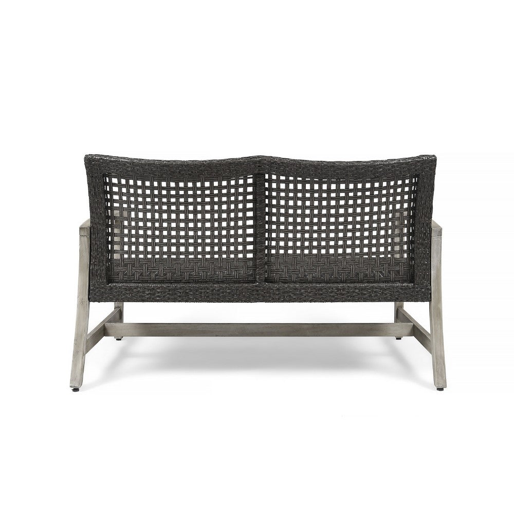 Benjara Bops Outdoor Loveseat, Rustic Acacia Wood Frame, 52 Inch, Gray Wicker