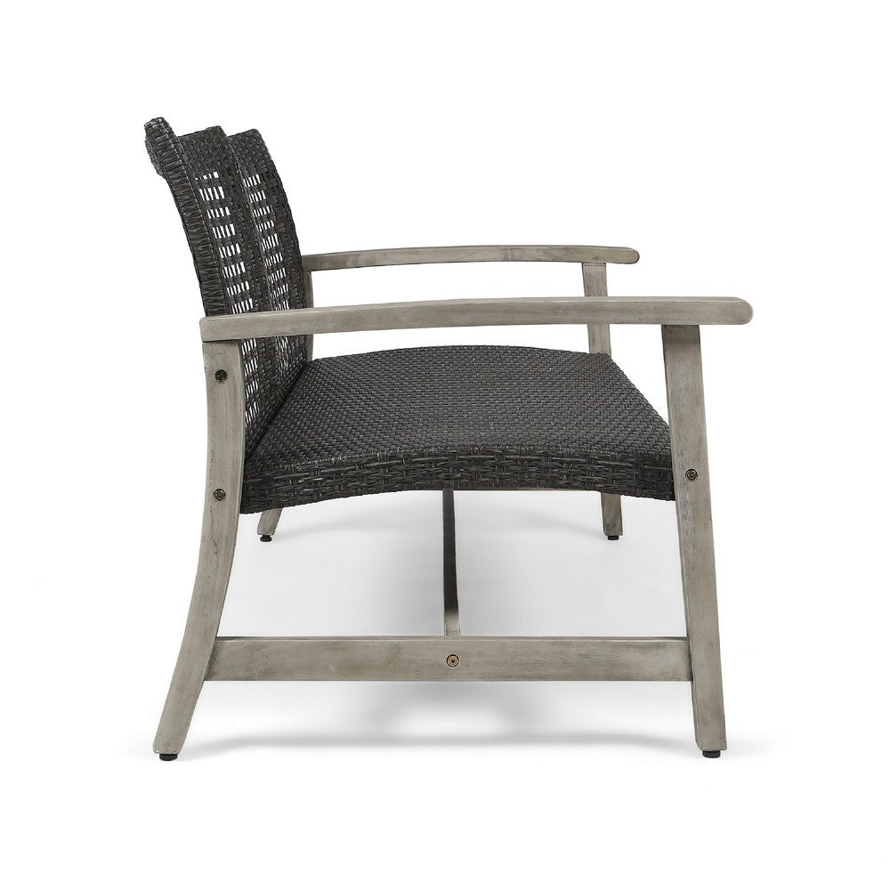 Benjara Bops Outdoor Loveseat, Rustic Acacia Wood Frame, 52 Inch, Gray Wicker