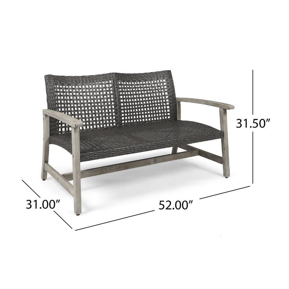 Benjara Bops Outdoor Loveseat, Rustic Acacia Wood Frame, 52 Inch, Gray Wicker