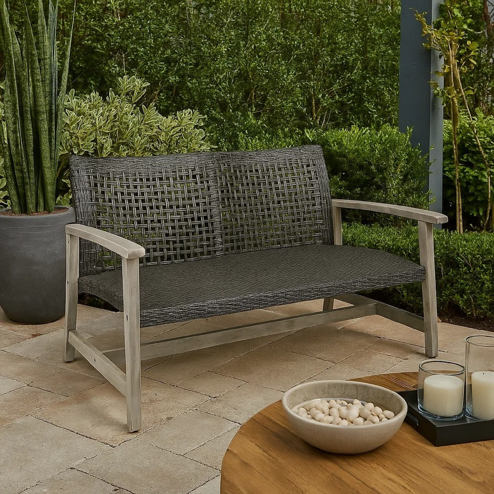 Benjara Bops Outdoor Loveseat, Rustic Acacia Wood Frame, 52 Inch, Gray Wicker