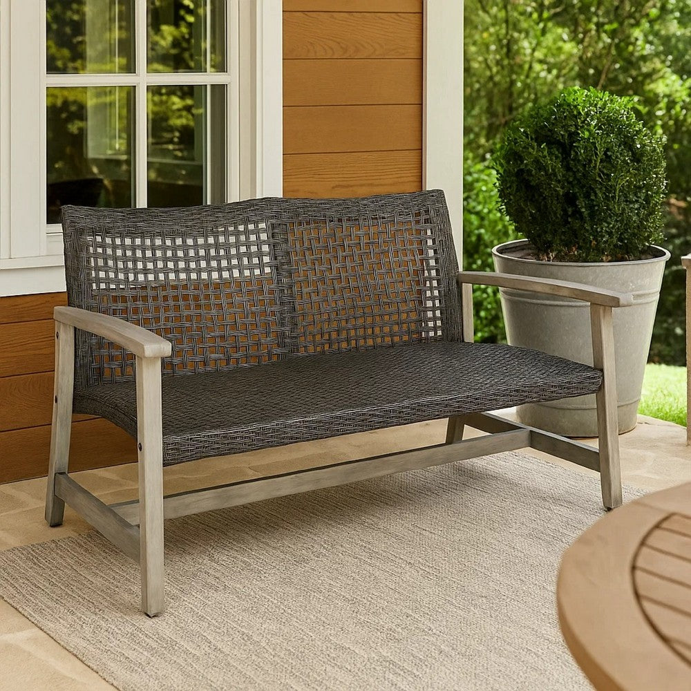 Benjara Bops Outdoor Loveseat, Rustic Acacia Wood Frame, 52 Inch, Gray Wicker
