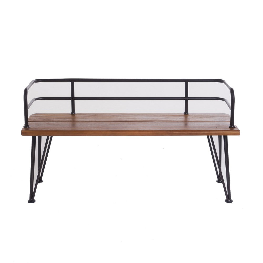 Benjara Zoe Outdoor Bench, Industrial Metal Frame, 48 Inch Brown Acacia Wood
