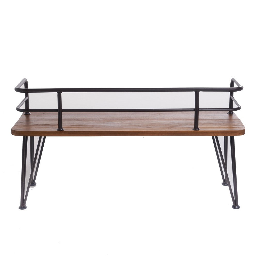 Benjara Zoe Outdoor Bench, Industrial Metal Frame, 48 Inch Brown Acacia Wood