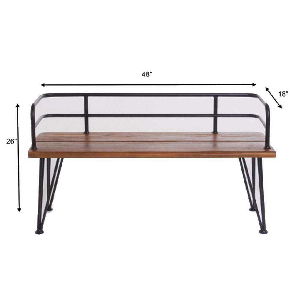 Benjara Zoe Outdoor Bench, Industrial Metal Frame, 48 Inch Brown Acacia Wood