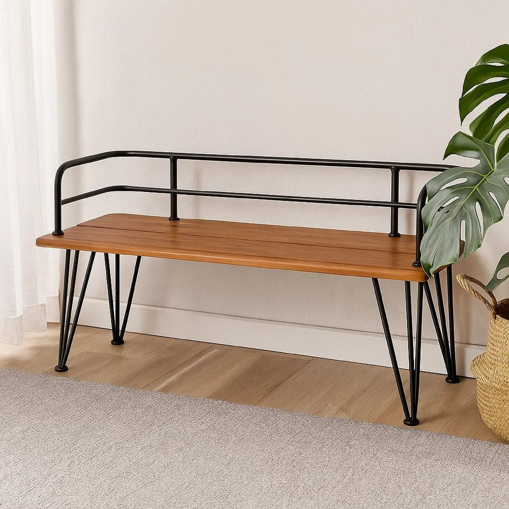 Benjara Zoe Outdoor Bench, Industrial Metal Frame, 48 Inch Brown Acacia Wood