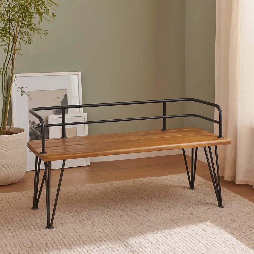 Benjara Zoe Outdoor Bench, Industrial Metal Frame, 48 Inch Brown Acacia Wood