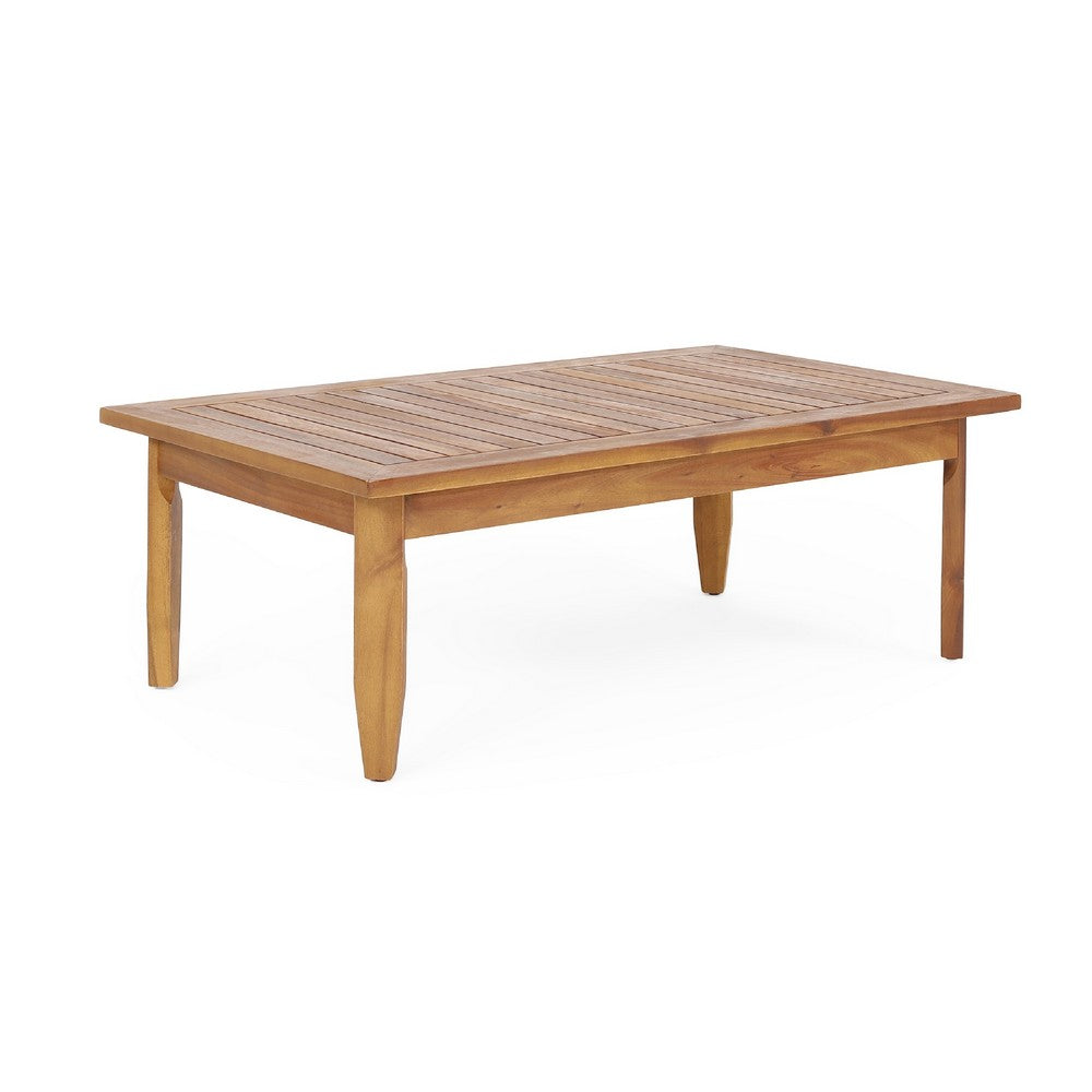 Benjara Gail Outdoor Ottoman And Coffee Table Set, Brown Acacia Wood, Gray