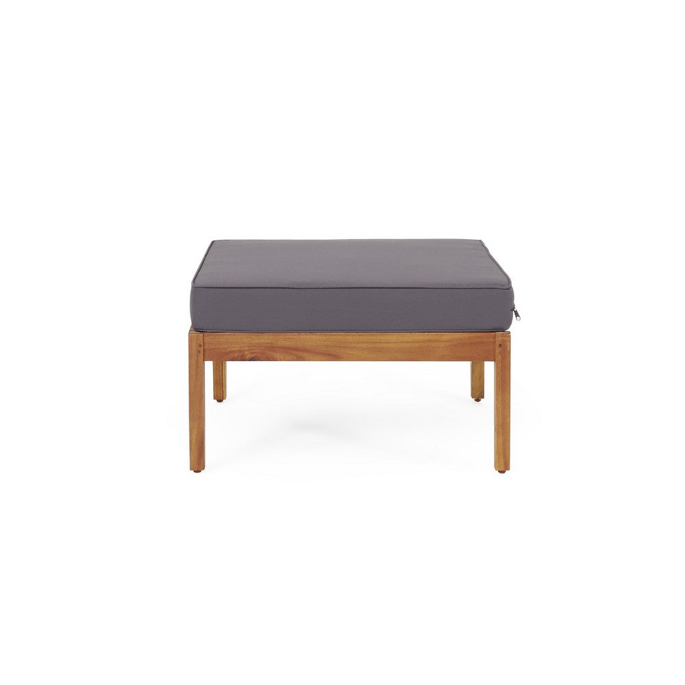 Benjara Gail Outdoor Ottoman And Coffee Table Set, Brown Acacia Wood, Gray