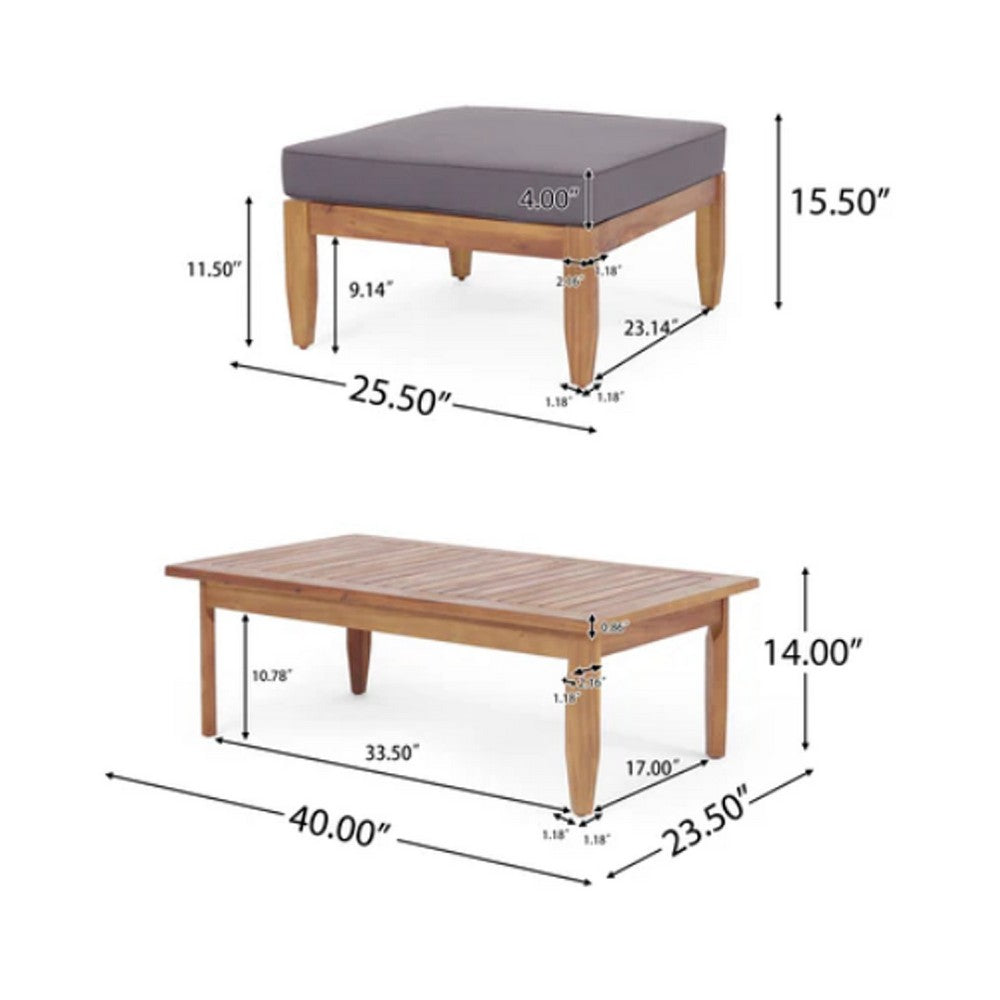 Benjara Gail Outdoor Ottoman And Coffee Table Set, Brown Acacia Wood, Gray