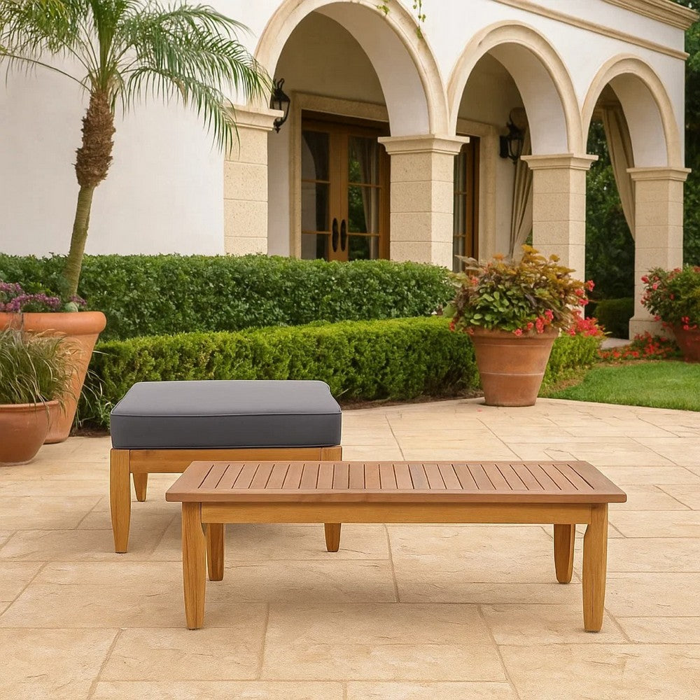 Benjara Gail Outdoor Ottoman And Coffee Table Set, Brown Acacia Wood, Gray