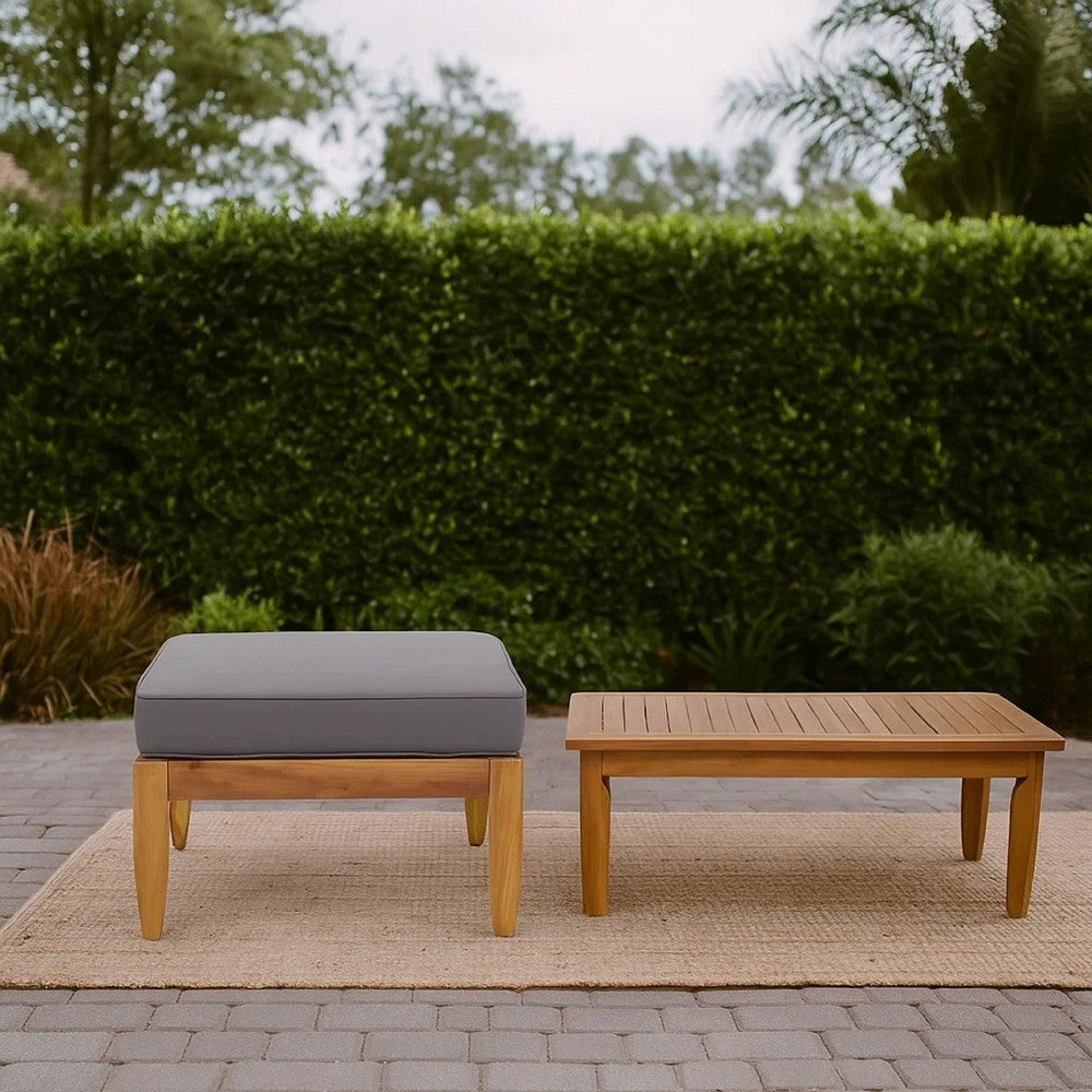 Benjara Gail Outdoor Ottoman And Coffee Table Set, Brown Acacia Wood, Gray