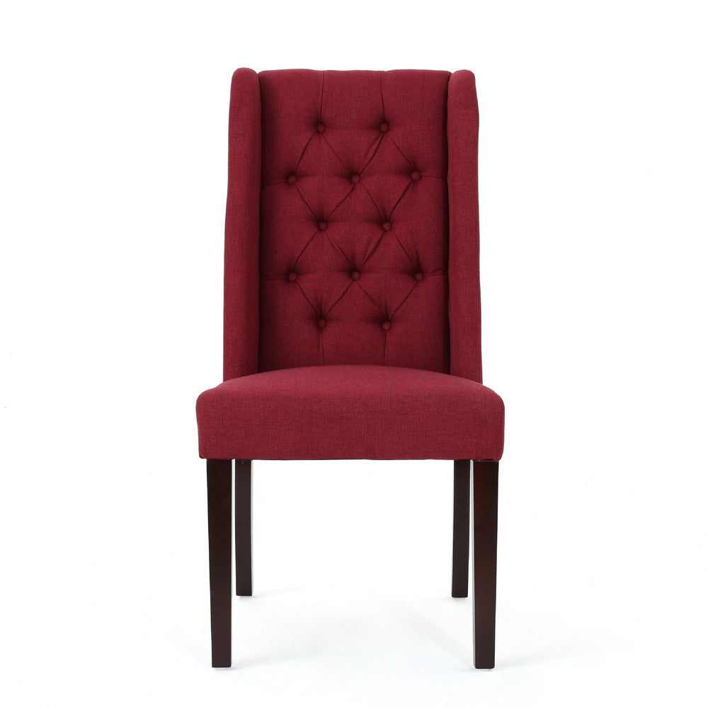 Benjara Greg Dining Chair Set of 2, High Wingback, Birch Wood, Red Fabric
