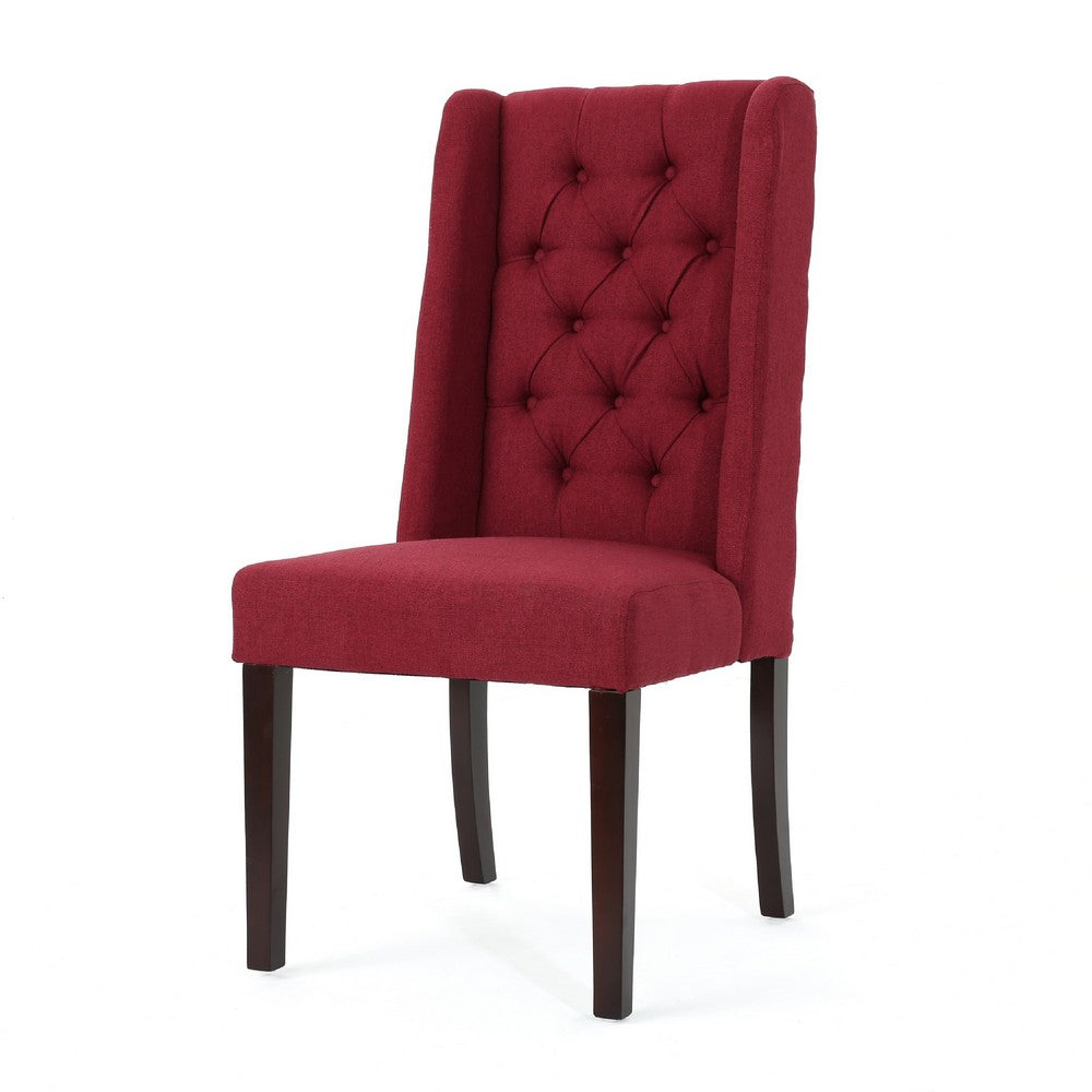 Benjara Greg Dining Chair Set of 2, High Wingback, Birch Wood, Red Fabric