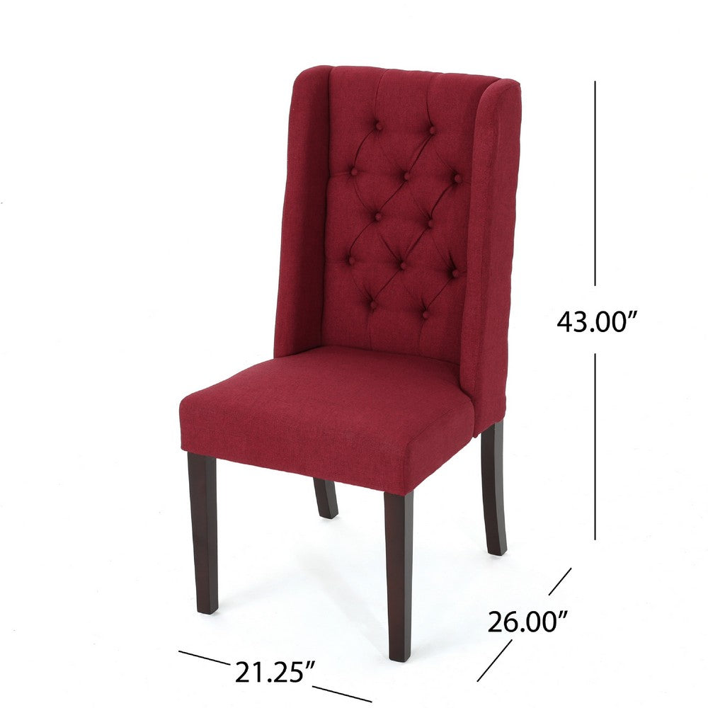Benjara Greg Dining Chair Set of 2, High Wingback, Birch Wood, Red Fabric