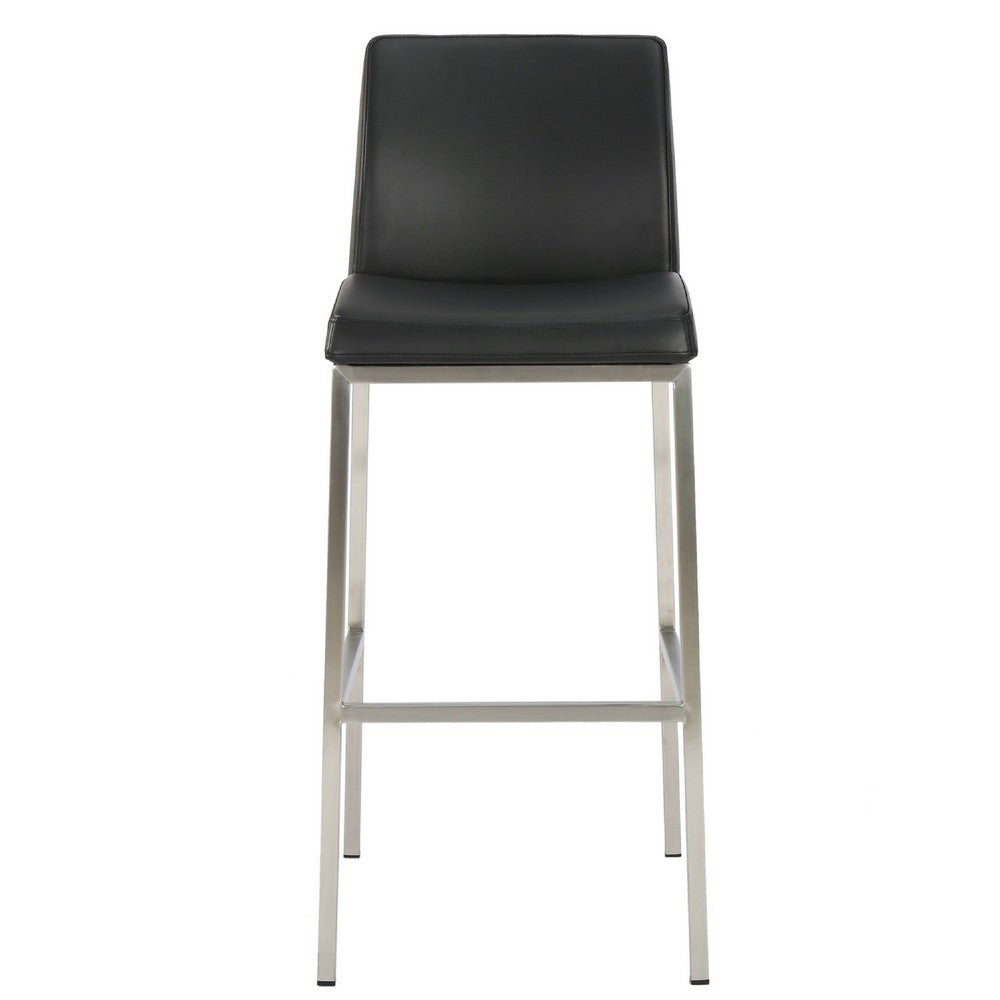 Benjara Drag Barstool Chair with Full Back Design, Chrome, Black Faux Leather
