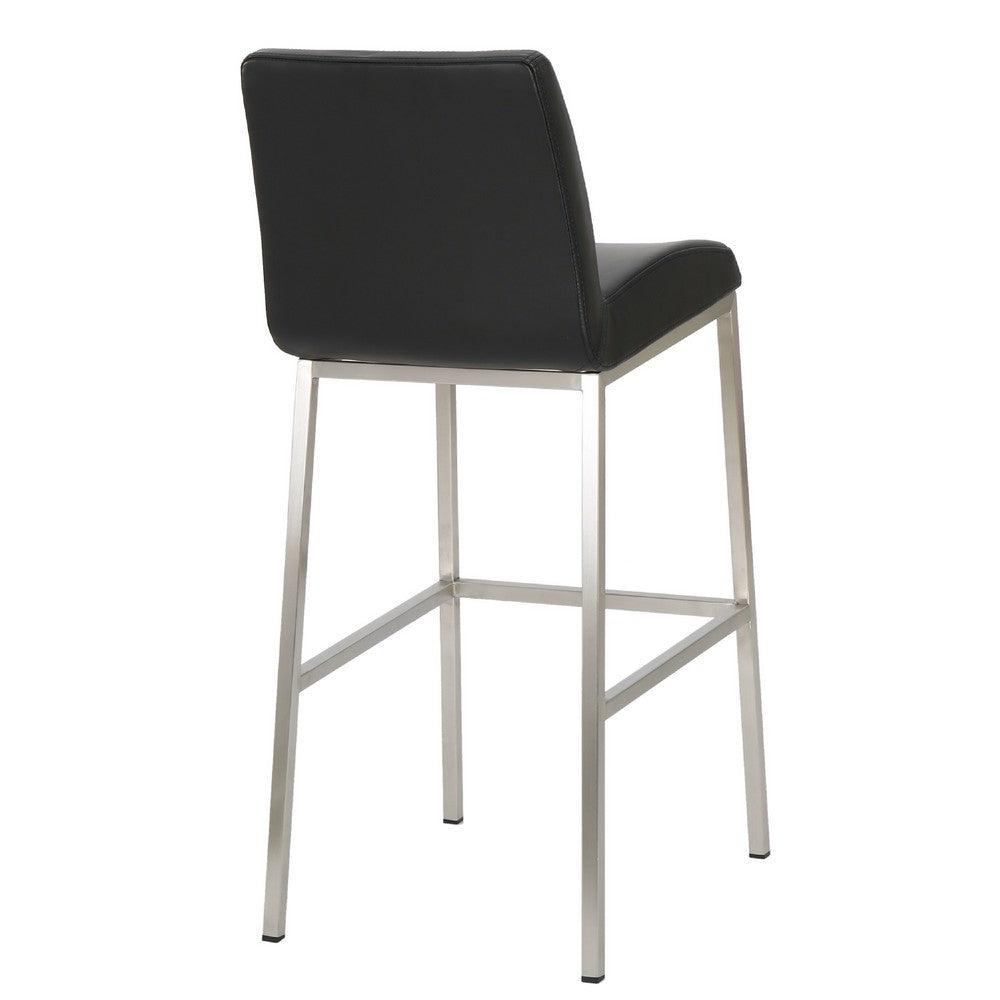 Benjara Drag Barstool Chair with Full Back Design, Chrome, Black Faux Leather