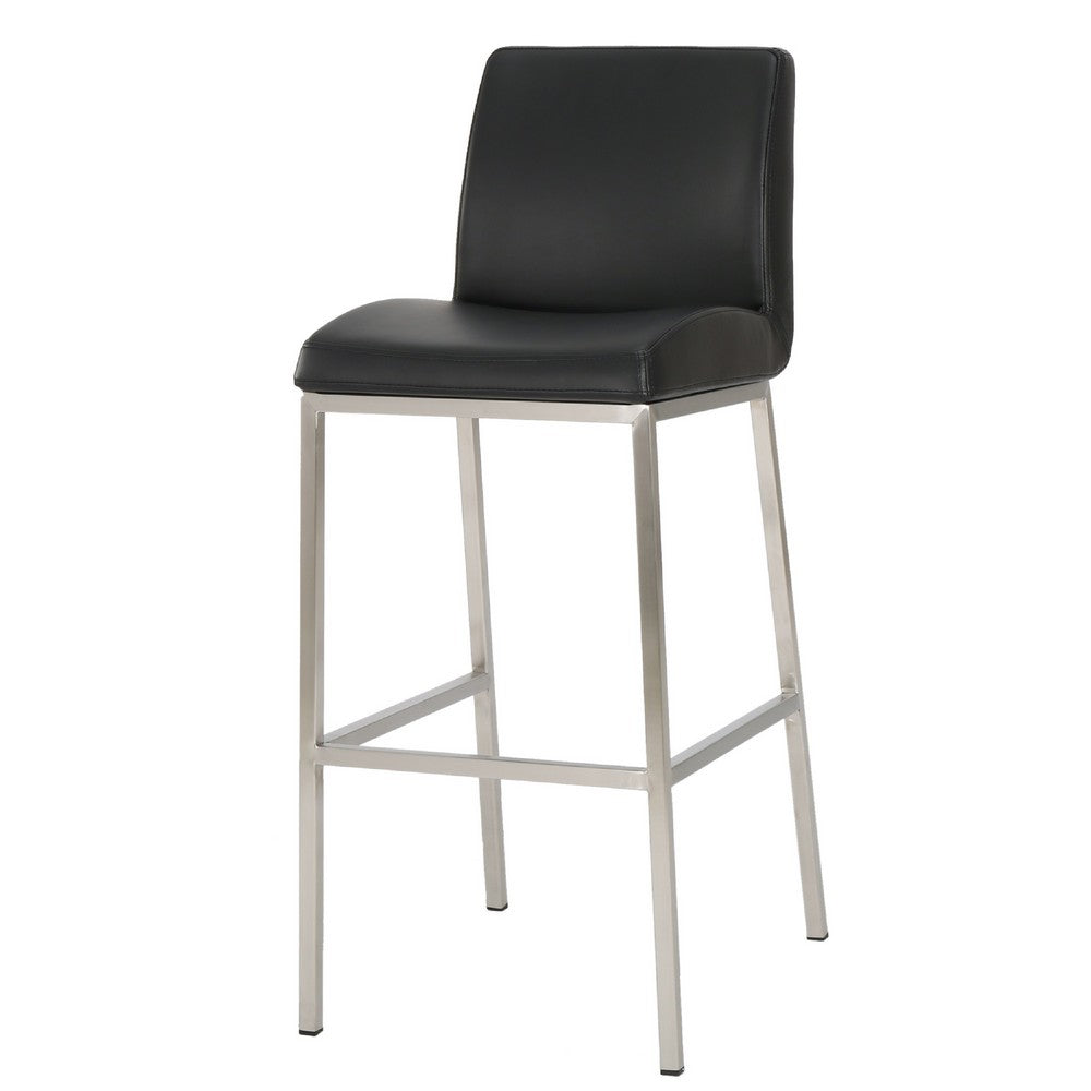 Benjara Drag Barstool Chair with Full Back Design, Chrome, Black Faux Leather