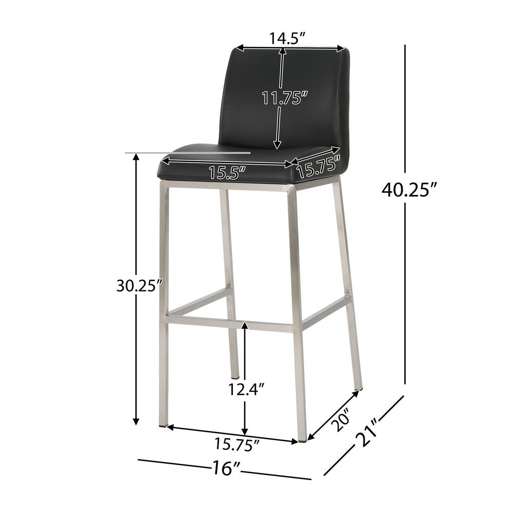 Benjara Drag Barstool Chair with Full Back Design, Chrome, Black Faux Leather