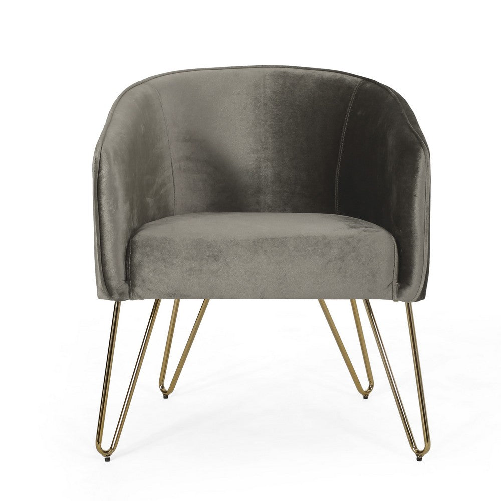Benjara Anya Lounge Armchair, Curved Round Seat, Gold Hairpin Legs Gray Velvet