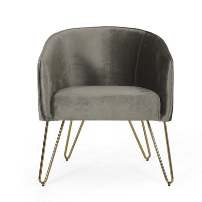 Benjara Anya Lounge Armchair, Curved Round Seat, Gold Hairpin Legs Gray Velvet