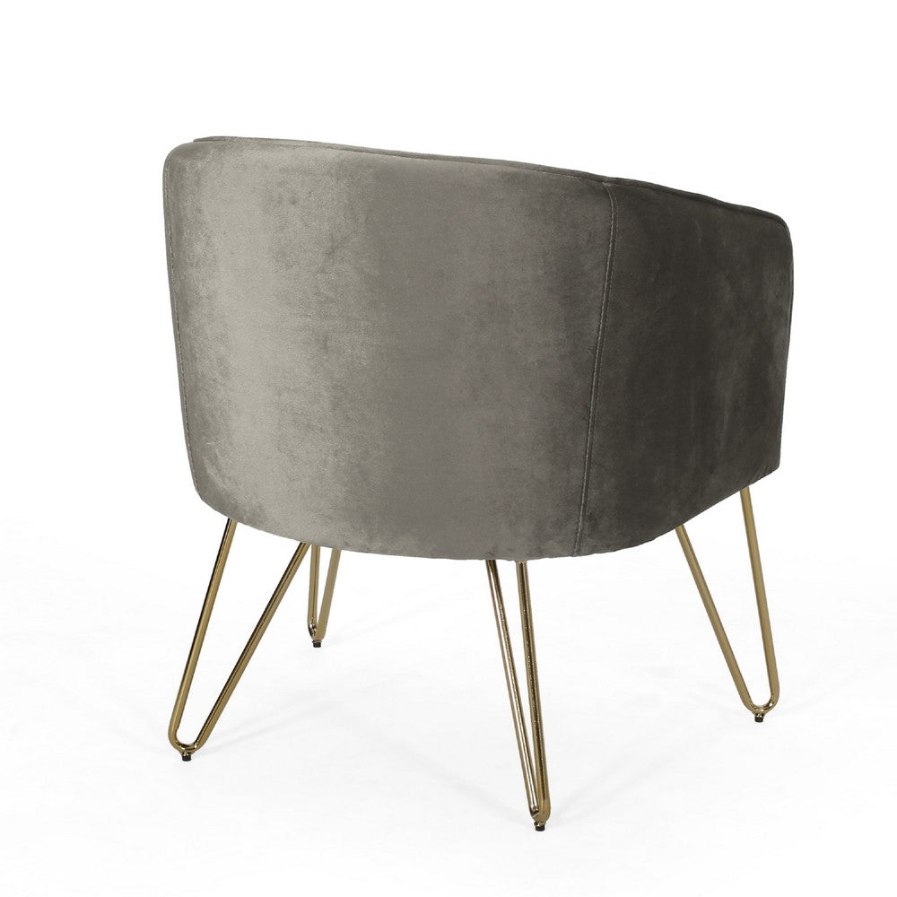 Benjara Anya Lounge Armchair, Curved Round Seat, Gold Hairpin Legs Gray Velvet
