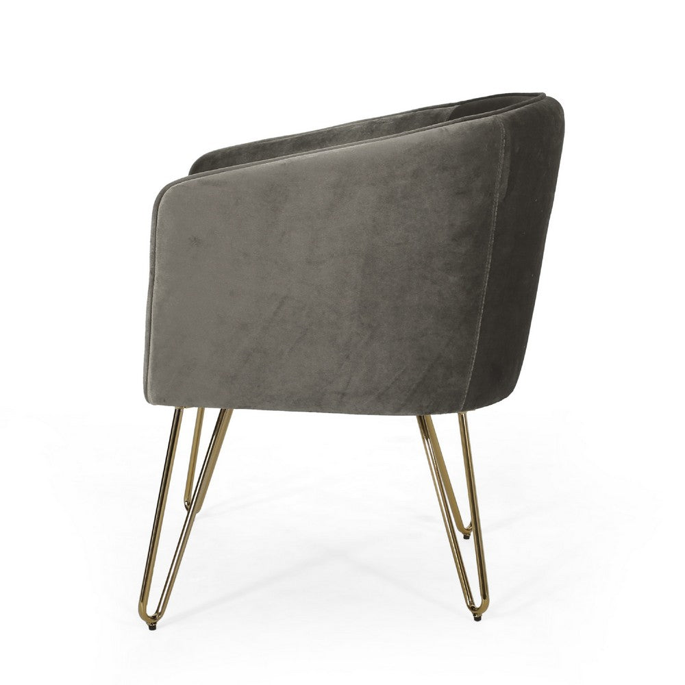 Benjara Anya Lounge Armchair, Curved Round Seat, Gold Hairpin Legs Gray Velvet