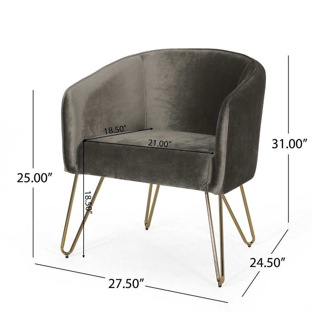 Benjara Anya Lounge Armchair, Curved Round Seat, Gold Hairpin Legs Gray Velvet
