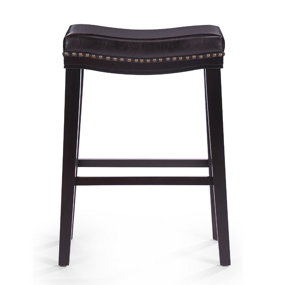 Benjara Emett Saddle Barstool Set of 2, Studded, Brown Faux Leather And Wood