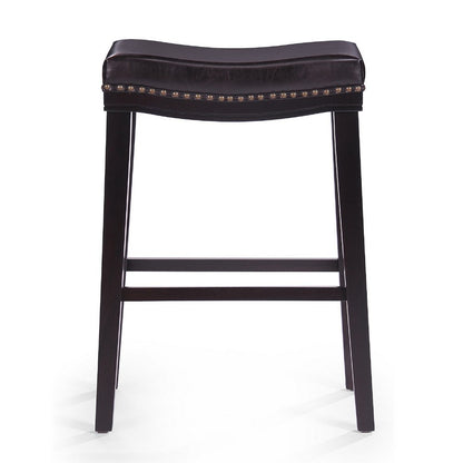 Benjara Emett Saddle Barstool Set of 2, Studded, Brown Faux Leather And Wood