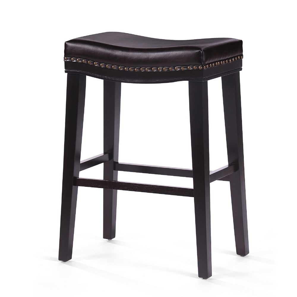 Benjara Emett Saddle Barstool Set of 2, Studded, Brown Faux Leather And Wood