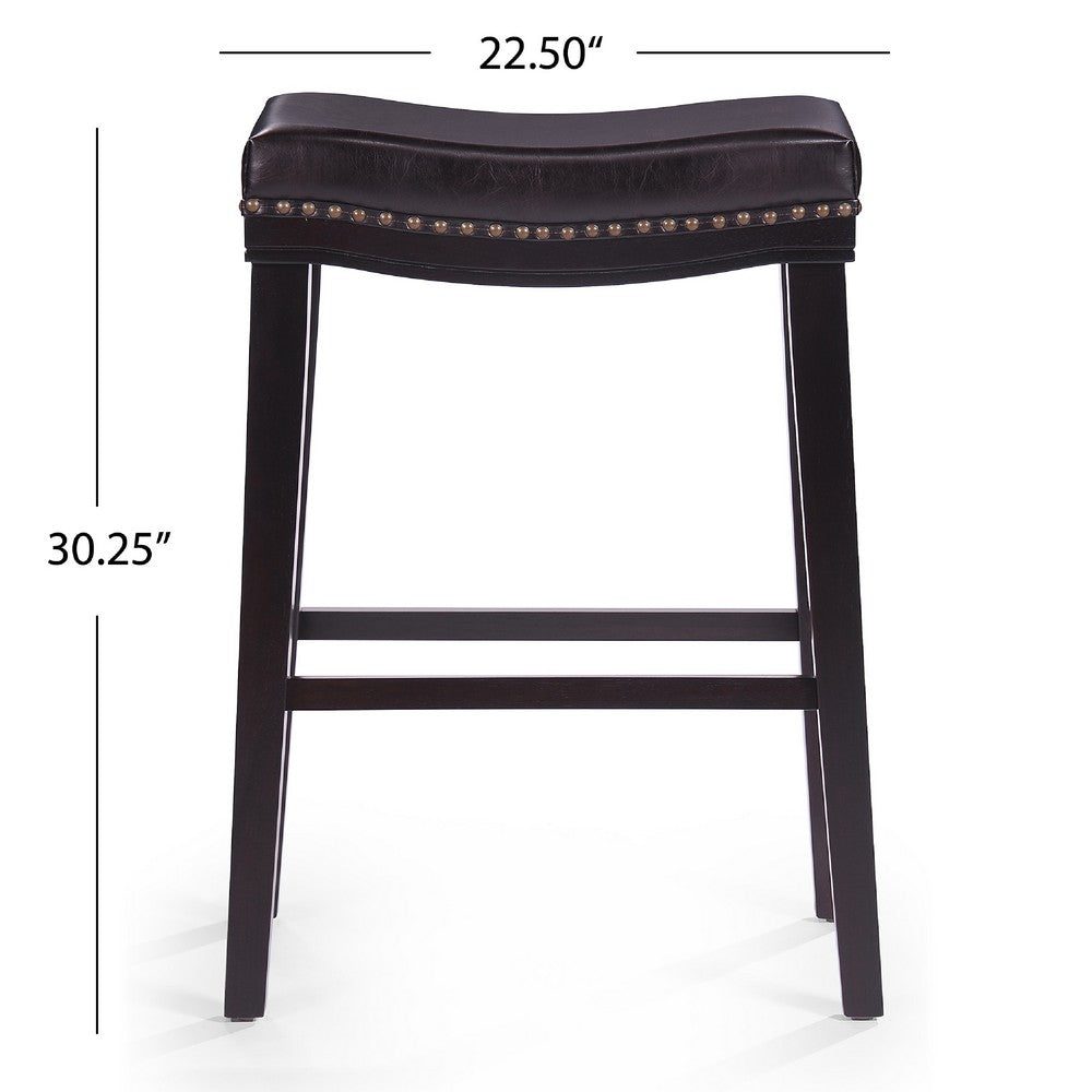 Benjara Emett Saddle Barstool Set of 2, Studded, Brown Faux Leather And Wood