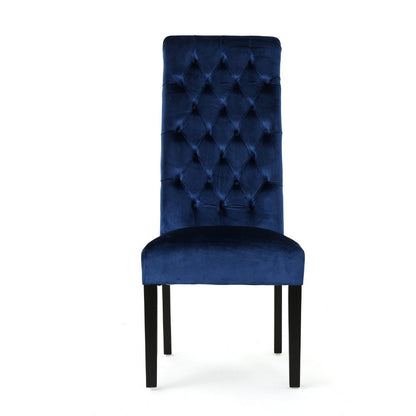 Benjara Marie Dining Chair Set of 2, Birch Wood, High Back Navy Blue Velvet