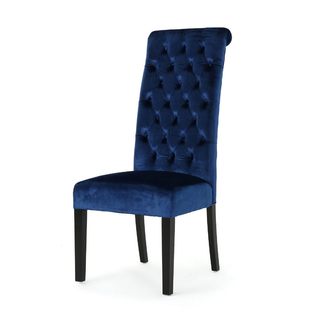 Benjara Marie Dining Chair Set of 2, Birch Wood, High Back Navy Blue Velvet