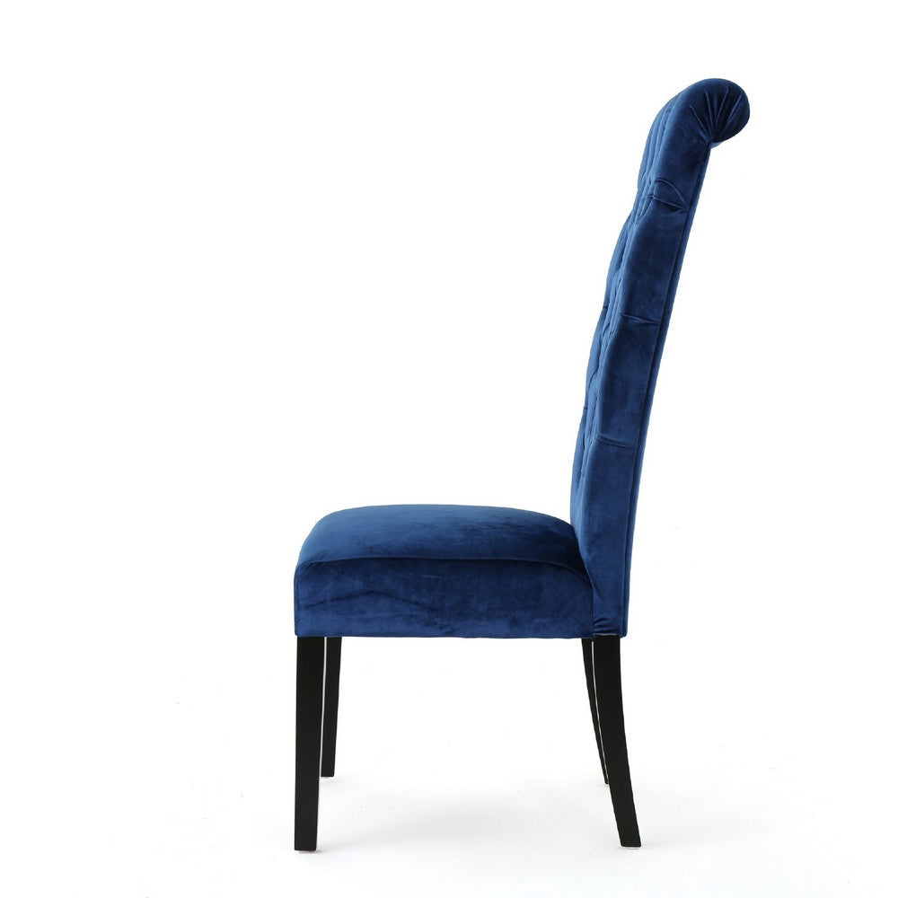 Benjara Marie Dining Chair Set of 2, Birch Wood, High Back Navy Blue Velvet