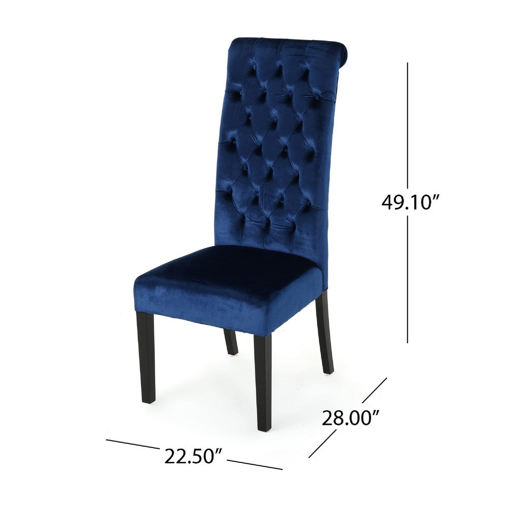 Benjara Marie Dining Chair Set of 2, Birch Wood, High Back Navy Blue Velvet