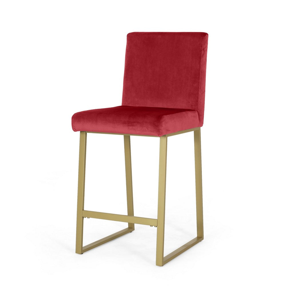 Benjara Willy Barstool Chair Set of 2, Gold Iron And Retro Wine Red Velvet
