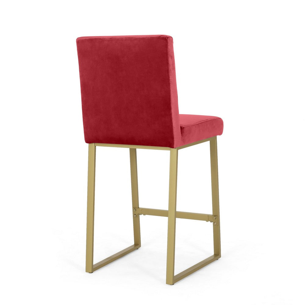 Benjara Willy Barstool Chair Set of 2, Gold Iron And Retro Wine Red Velvet
