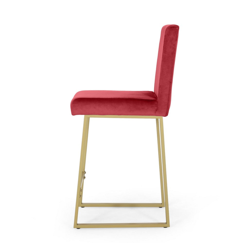 Benjara Willy Barstool Chair Set of 2, Gold Iron And Retro Wine Red Velvet