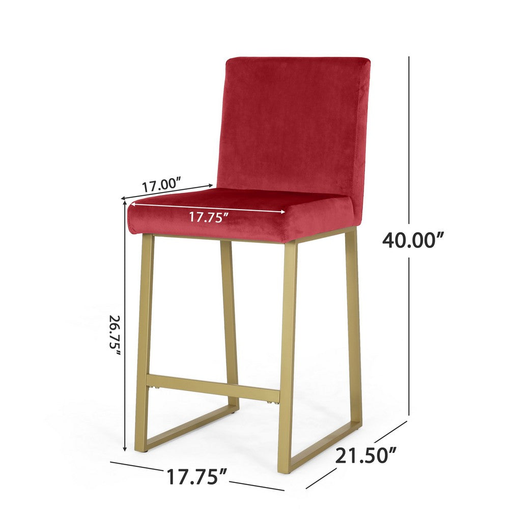 Benjara Willy Barstool Chair Set of 2, Gold Iron And Retro Wine Red Velvet