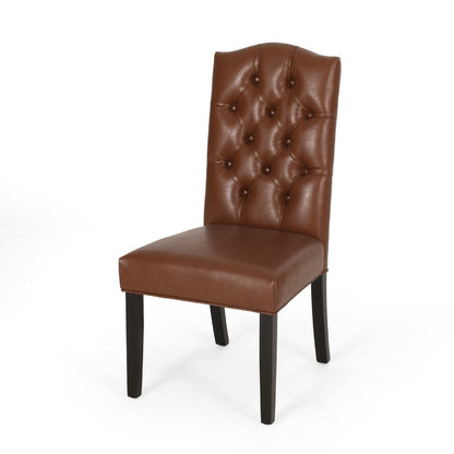 Benjara Elona Dining Chair Set of 2, Crown Top, Brown Tufted Faux Leather