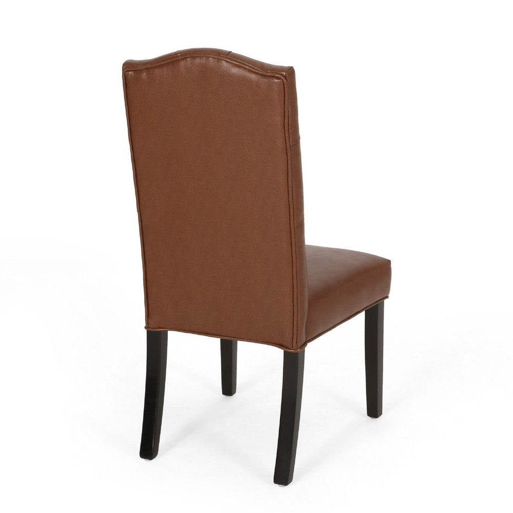 Benjara Elona Dining Chair Set of 2, Crown Top, Brown Tufted Faux Leather