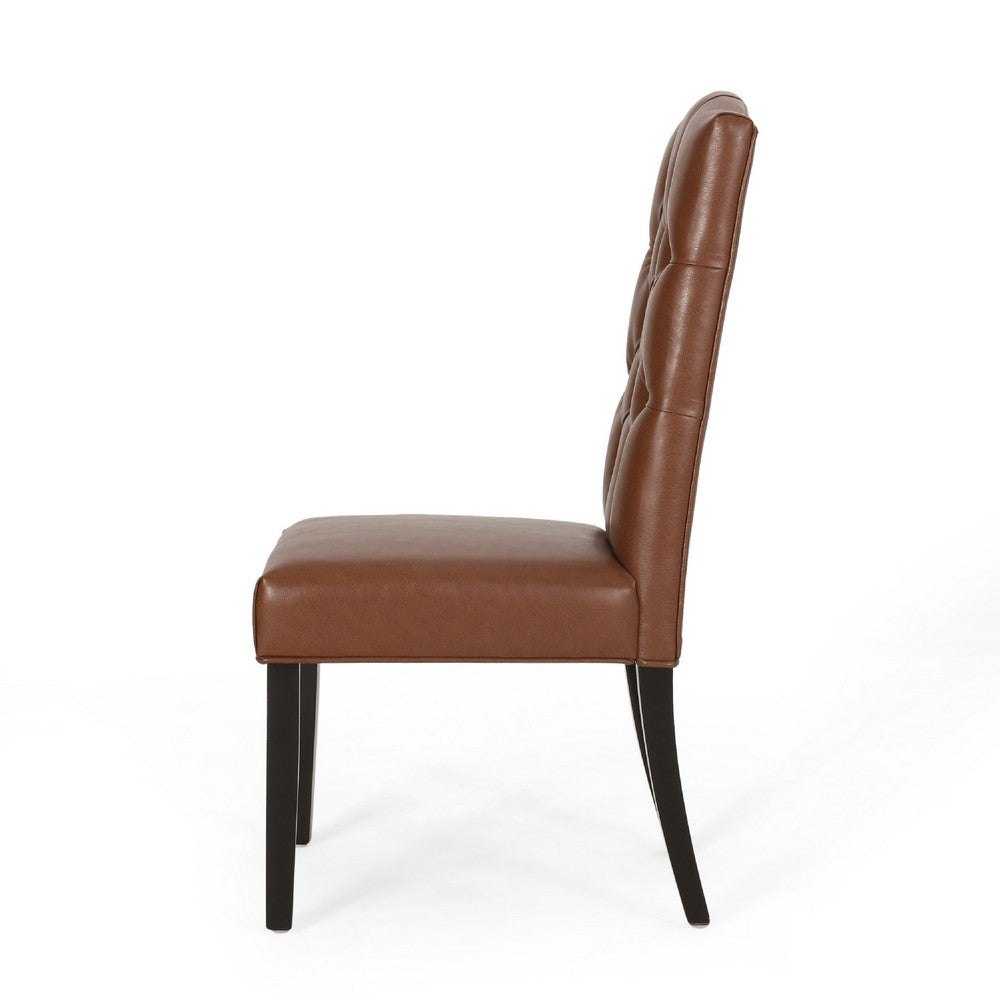 Benjara Elona Dining Chair Set of 2, Crown Top, Brown Tufted Faux Leather
